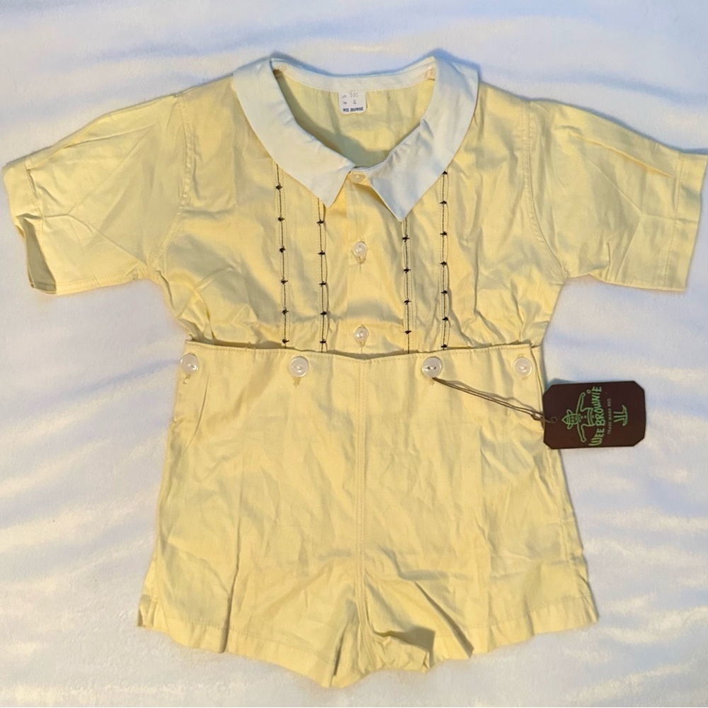 Vintage Wee Brownie Yellow Cotton Baby Boy Romper Outfit 2T toddler 1pc NWT